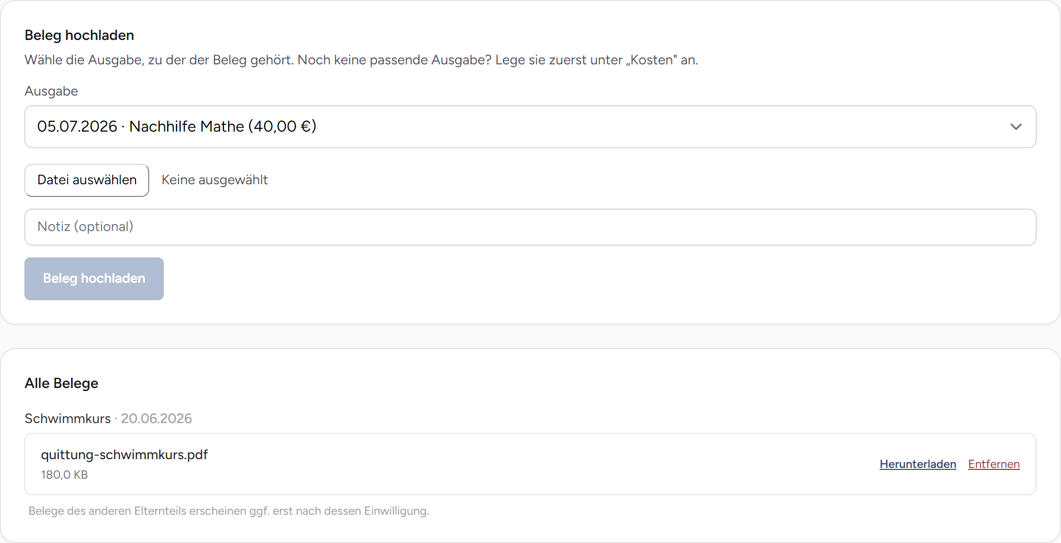 Beleg-Upload in Wechselplan: Ausgabe auswählen, Datei hochladen und der hinterlegte Beleg zur Ausgabe „Schwimmkurs“.
