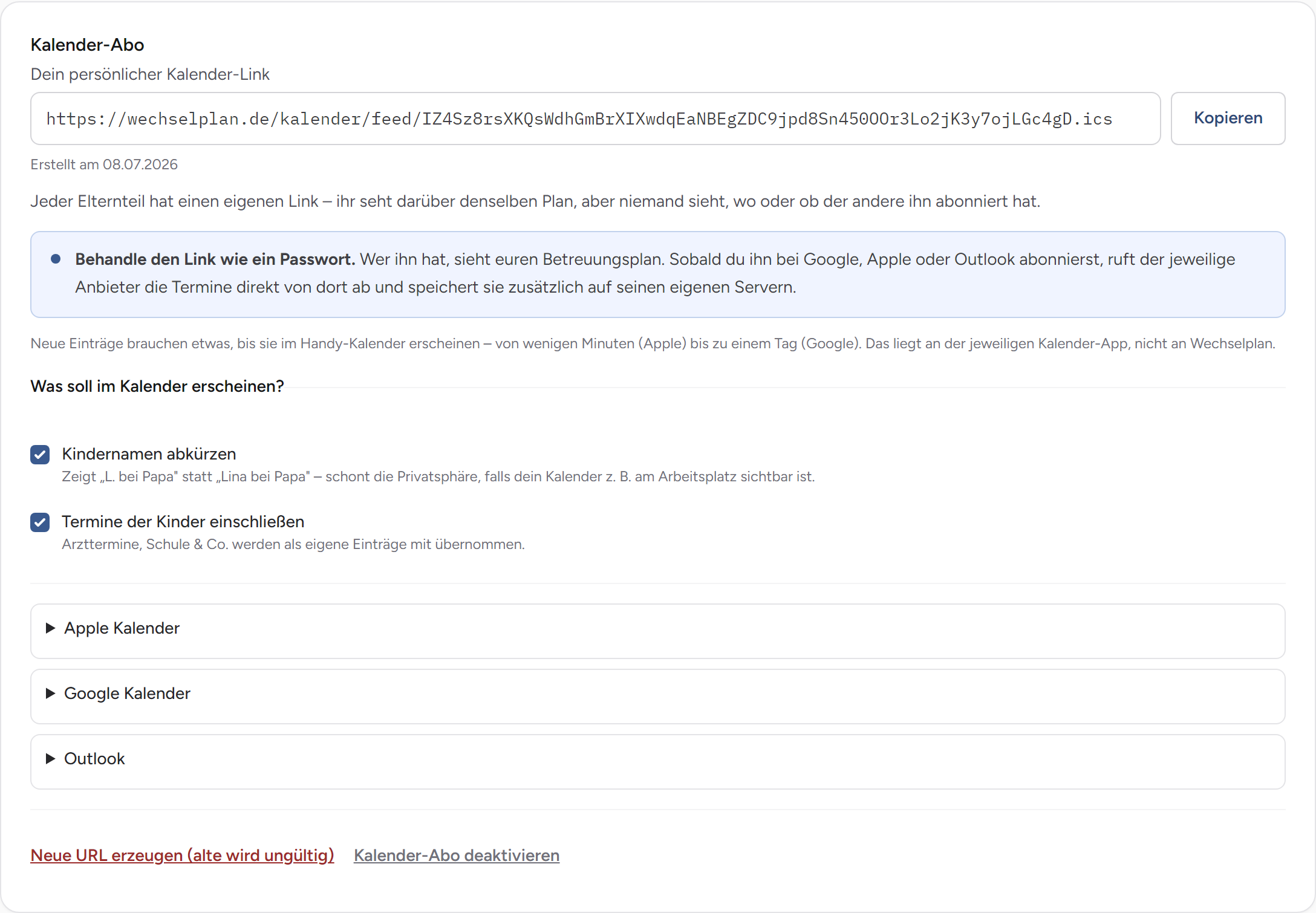 Kalender-Abo-Einstellungen in Wechselplan mit dem persönlichen Kalender-Link und den Optionen für Apple, Google und Outlook.