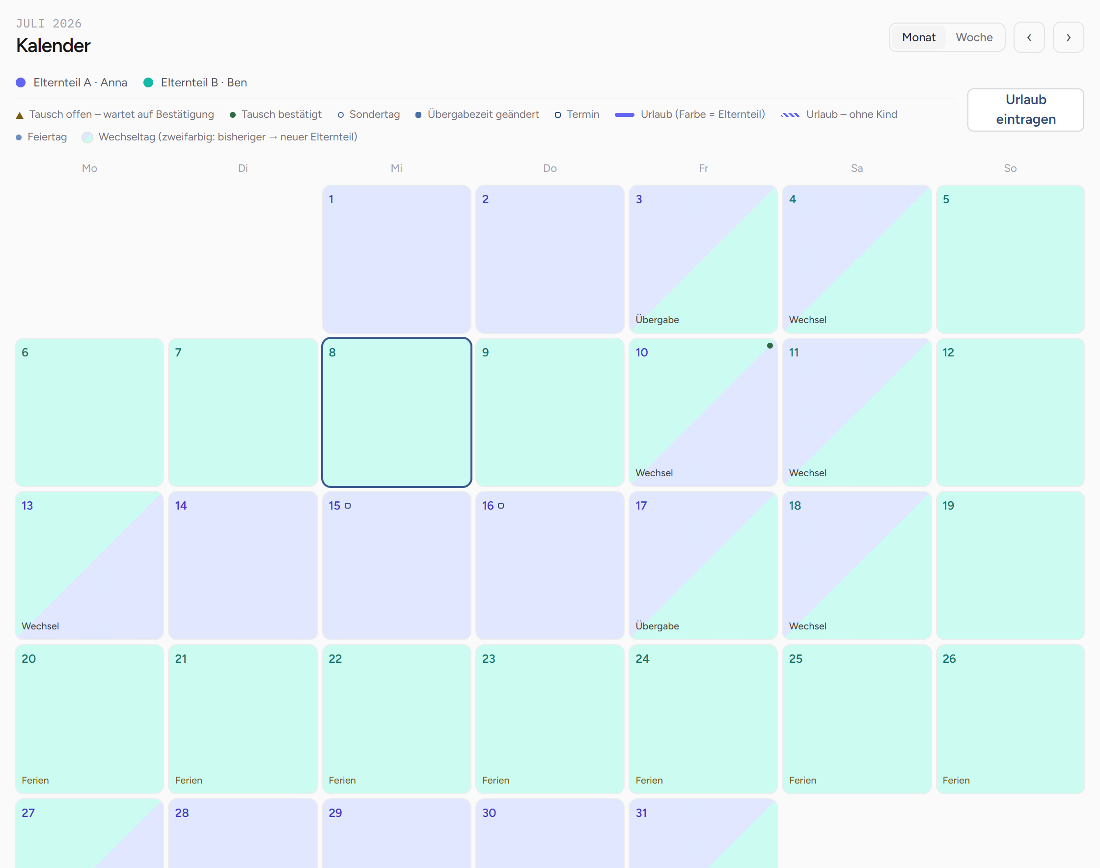 Wechselplan-Betreuungskalender: zweifarbig markierte Betreuungstage und ein geteilter Wechseltag, Anna in Indigo und Ben in Teal.