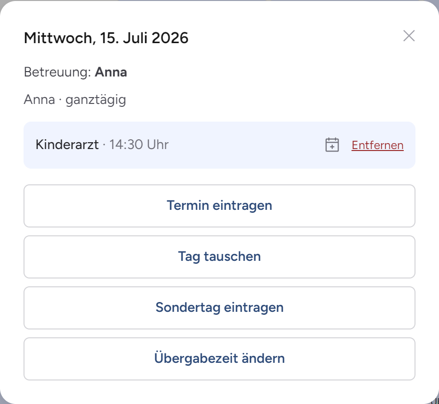 Tagesdetail im Wechselplan-Kalender mit dem Termin „Kinderarzt“ um 14:30 Uhr und den Optionen Termin eintragen, Tag tauschen und Sondertag eintragen.