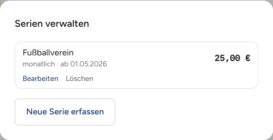 Serienverwaltung in Wechselplan mit der monatlichen Ausgabe „Fußballverein“ – 25,00 € im Monat.